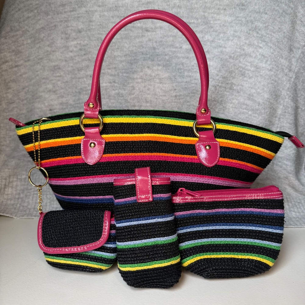 Rainbow Striped Straw Tote Bag 4 Piece Set Pink Handles Summer Beach Colorful